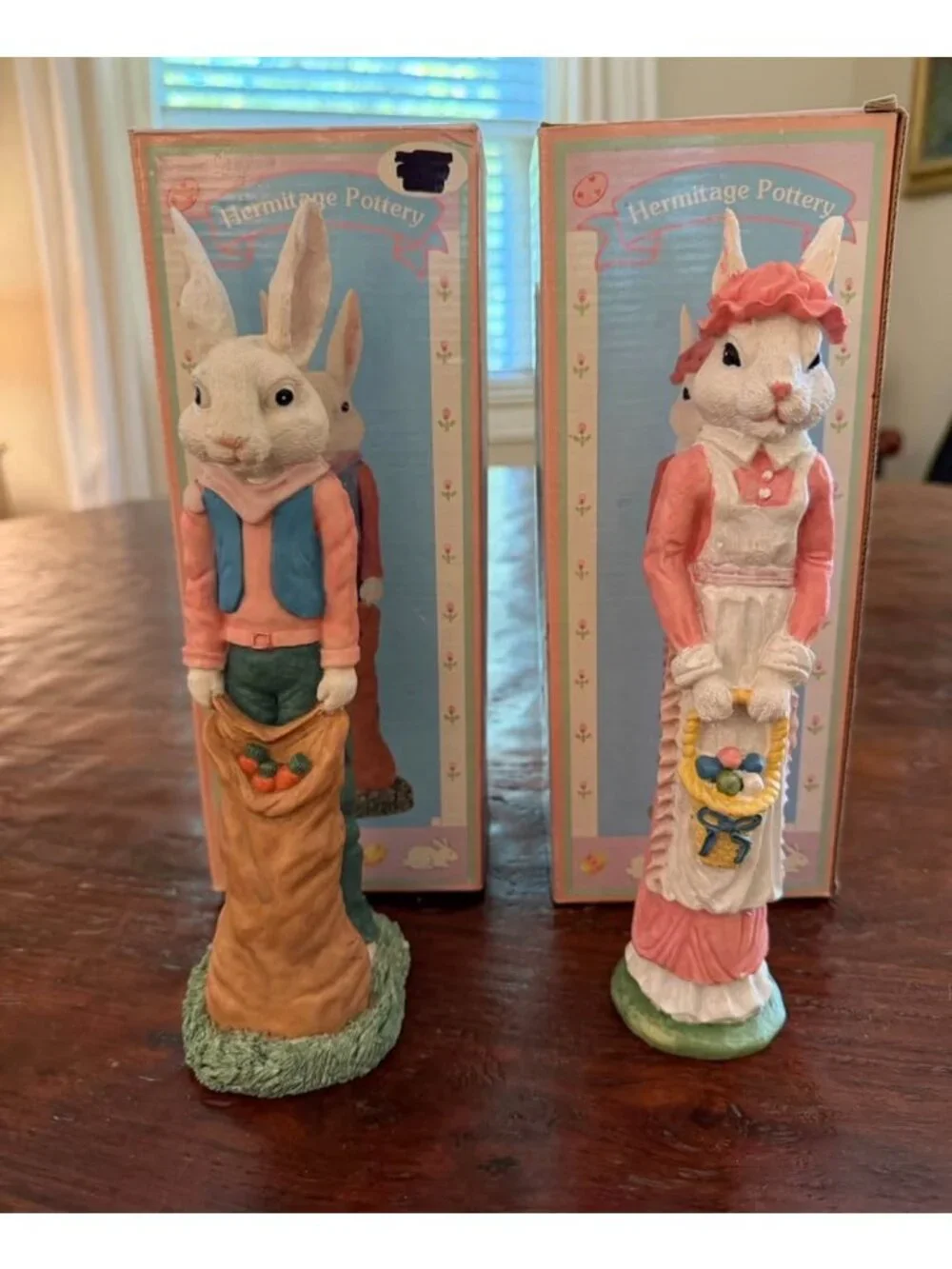 Hermitage Pottery Easter Bunny Figurines Set Boy Girl Rabbits Spring Decor‎
